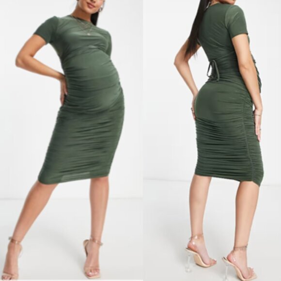 NWT- Missguided Maternity Slinky Midi Dress in Khaki Size 2 - Picture 1 of 11